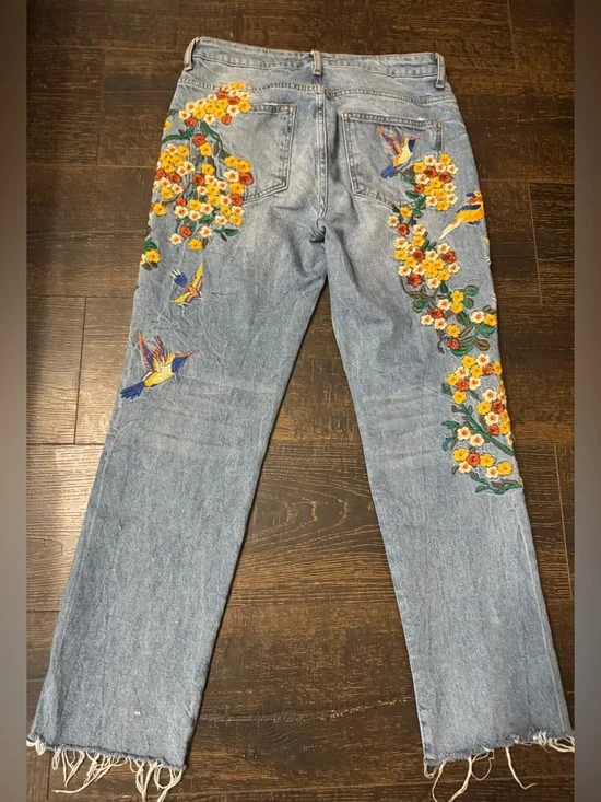 Free People Light Blue Straight Leg Jeans with Yellow Floral Embroidery - Picture 8 of 10